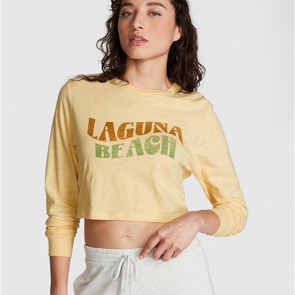 Victoria’s Secret PINK Laguna Beach Yellow Crop Top Premium Cotton Long-Sleeve T